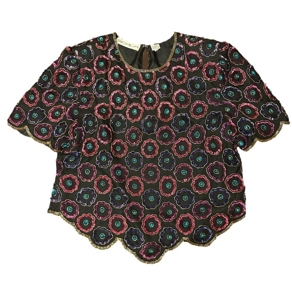 Scala Black Formal Sequin Silk Top Size XXL.